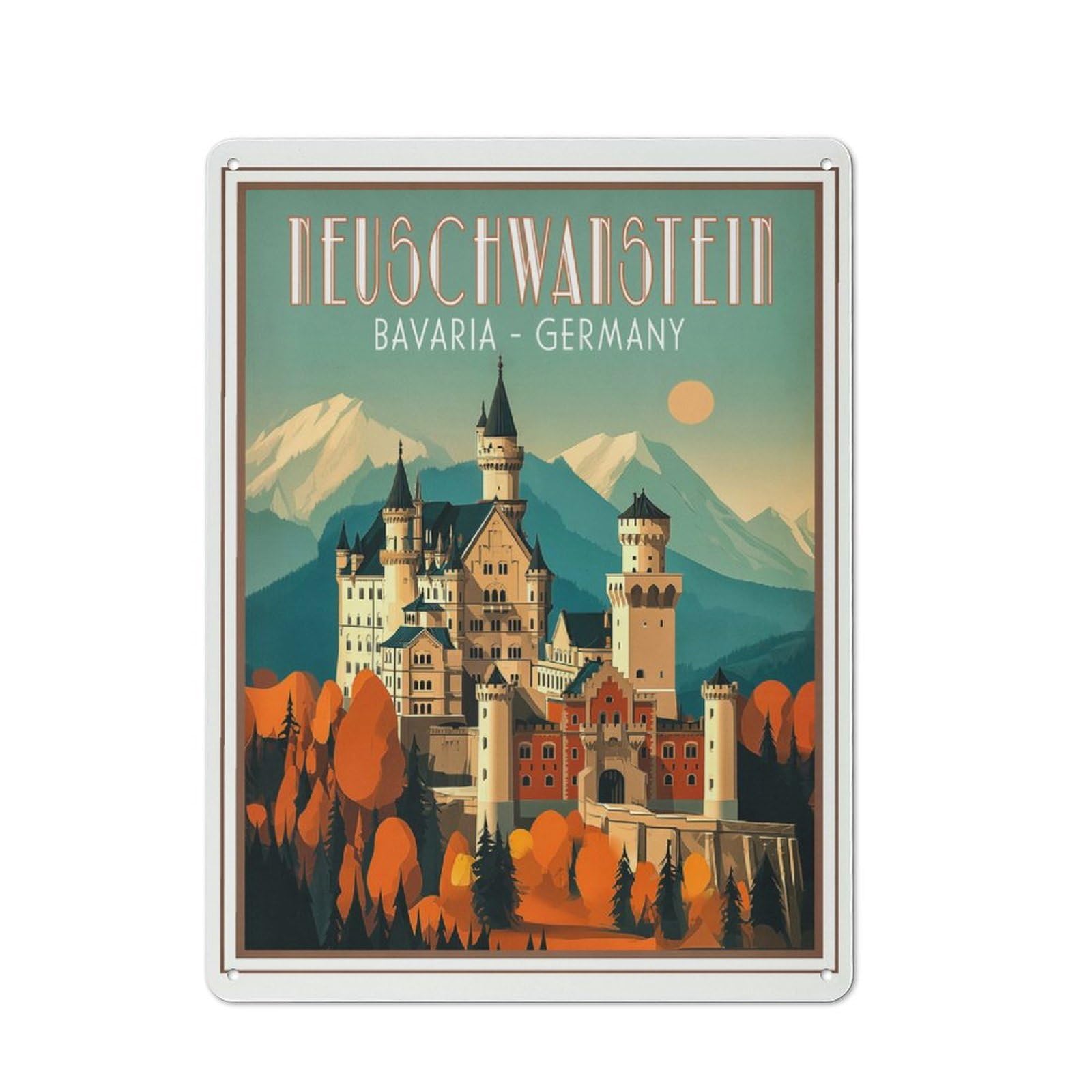 Junmoney Style-13 Garden Style Neuschwanstein Castle Bavaria Germany Travel Poster Tin Sign 40X30cm, Porch Wall Decor For Patio Bar, Workshop, Shed Or Kitchen