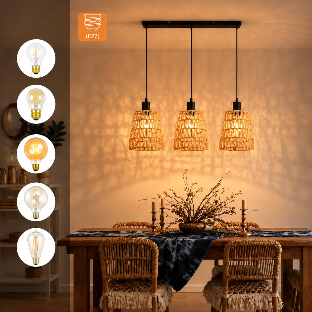 Hängelampe Boho Pendelleuchte Rattan - 3 Flammig Esstischlampe | Vintage Geflochten Hängeleuchte Esstisch Papierseil Lampenschirm mit E27 Retro für Esszimmer Schlafzimmer/Ohne Leuchtmittel