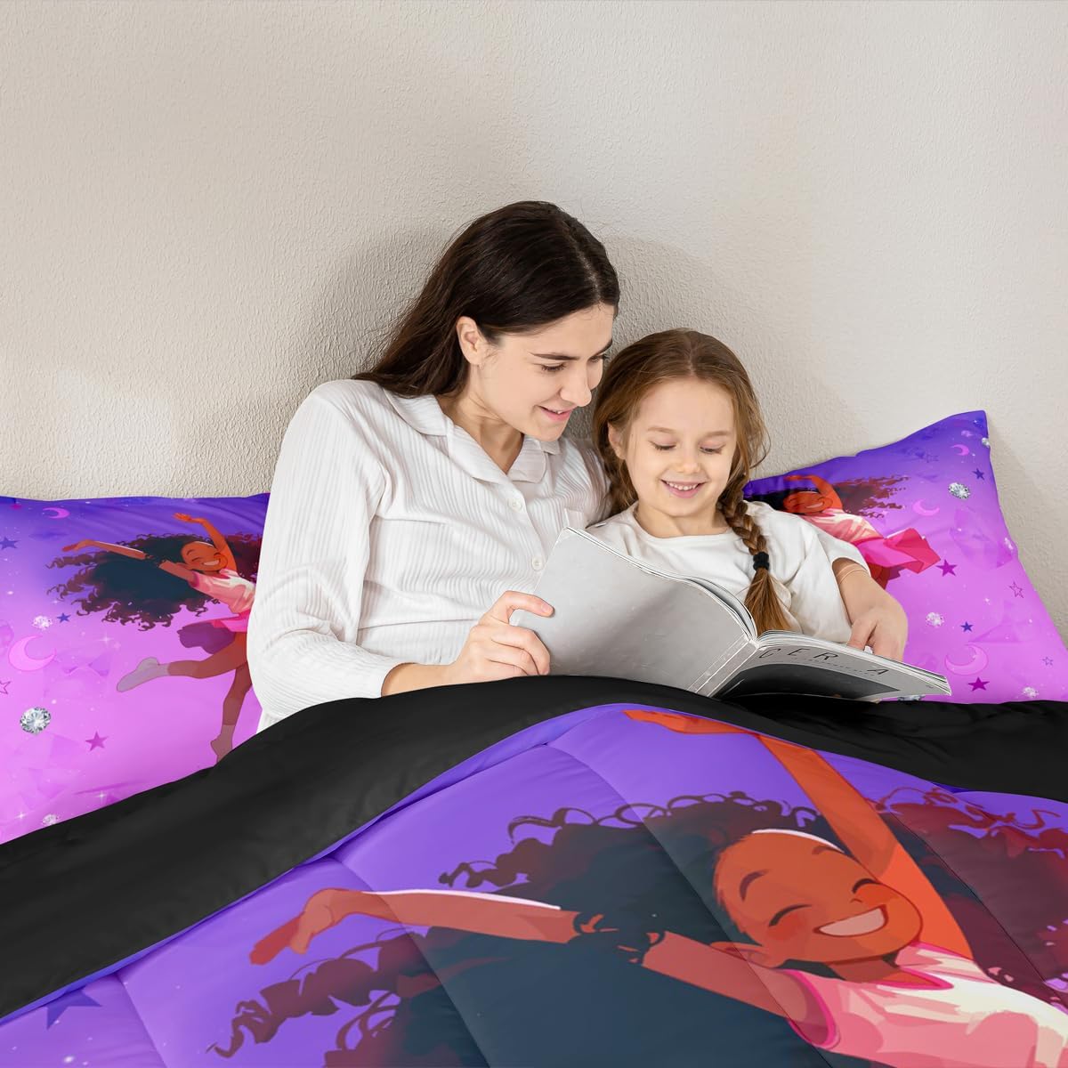 Erosebridal Black Girls Comforter Set Queen for Kids Teens Women, Starry Sky Diamond Bedding Set African Style Cute Girl Quilt Cute Afro Princess Magical Duvet Insert with 2 Pillow Cases, Purple