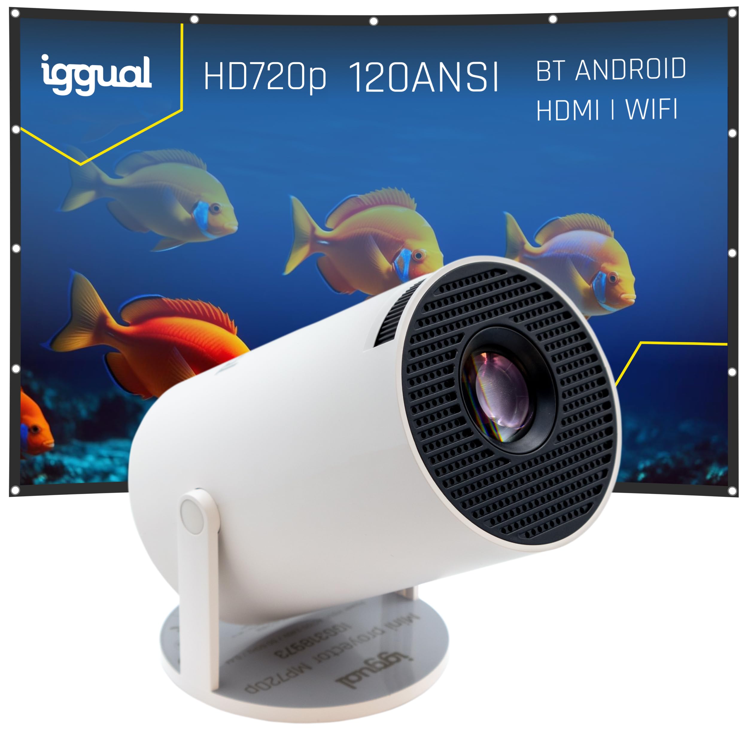 Iggual - Projecteur Portable avec Écran 100”, Videoprojecteur MP720p avec Android TV, HDMI, WiFi et Bluetooth 5.0, Projecteur 120 ANSI Lumens avec Correction Verticale, Rotation à 180º et Haut-Parleur
