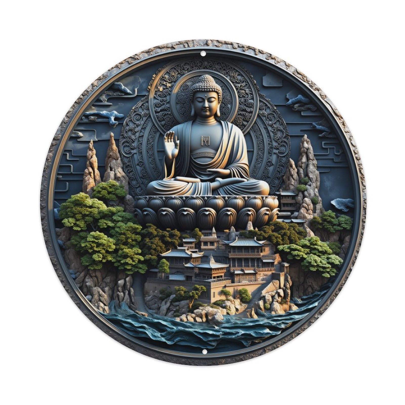 Buddha Mountain Temple Water Sky Round Tin Sign Vintage Metal Poster, Home Bar Garage Man Cave Cafe Indoor & Outdoor Wall Decoration 8x8Inches