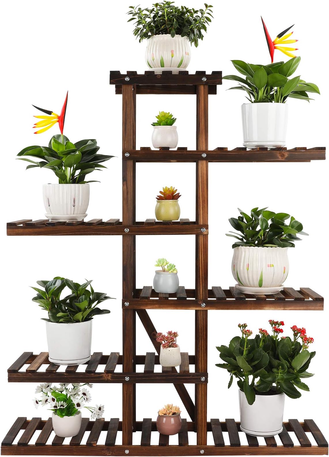 Ufine Carbonized Wood Plant Stand 6 Tier Vertical Shelf Flower Display Rack Holder Planter Organizer for Indoor Outdoor Garden Patio Balcony Living Room and Office