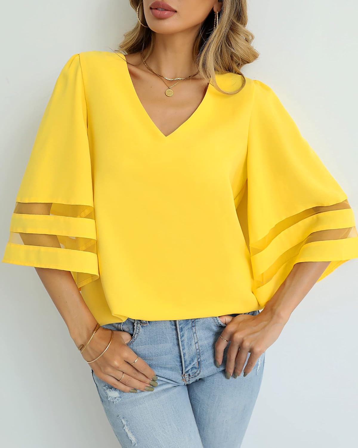 LookbookStore Women's V Neck Mesh Panel Blouse 3/4 Bell Sleeve Loose Top Shirt