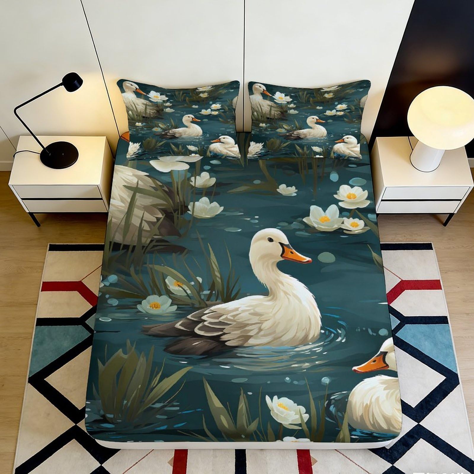 3D Printed White Duck Pond Fitted Sheet Microfiber Blue Water Lily Mattress Cover Bedroom Decor Protection 90x200x25cm