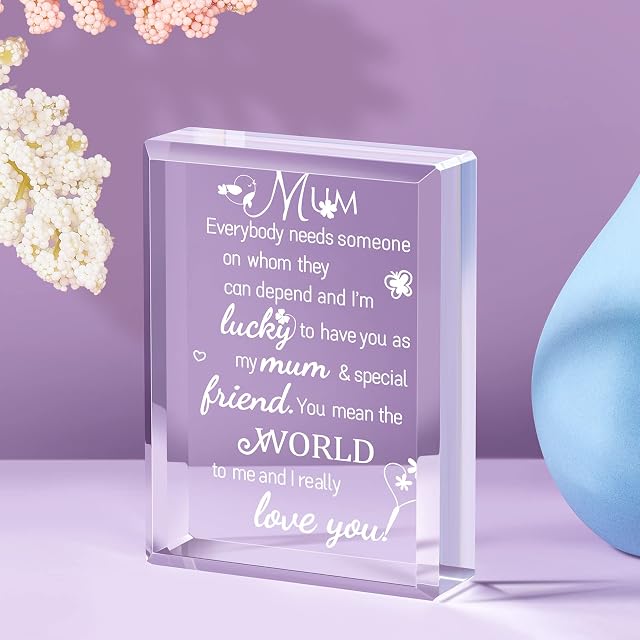 Queekay Birthday Gifts for Mum Engraved Acrylic Block Birthday Presents for Mum from Daughter Son Gift Mum I Love You Present for Mother's Day Birthday with Greeting Card and Envelope