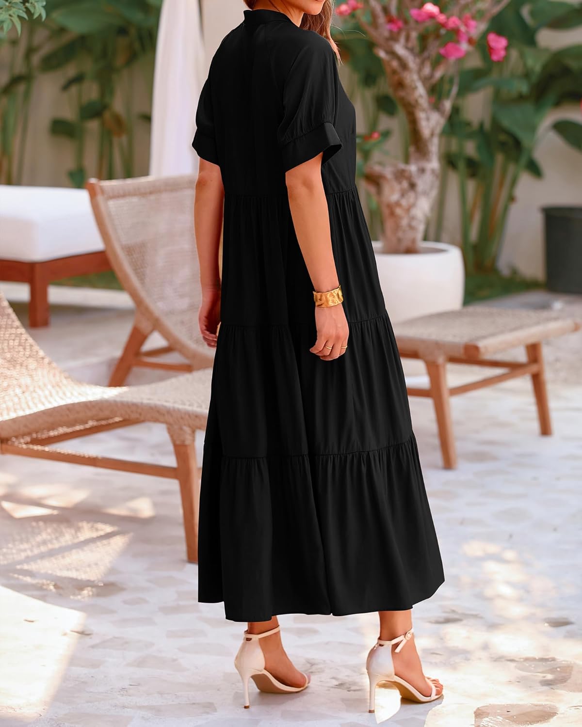 dowerme Women's Summer Dresses 2026 Casual Short Sleeve Button Loose Fit Pleated Boho Flowy Swing Long Beach Sun Dress - Image 5