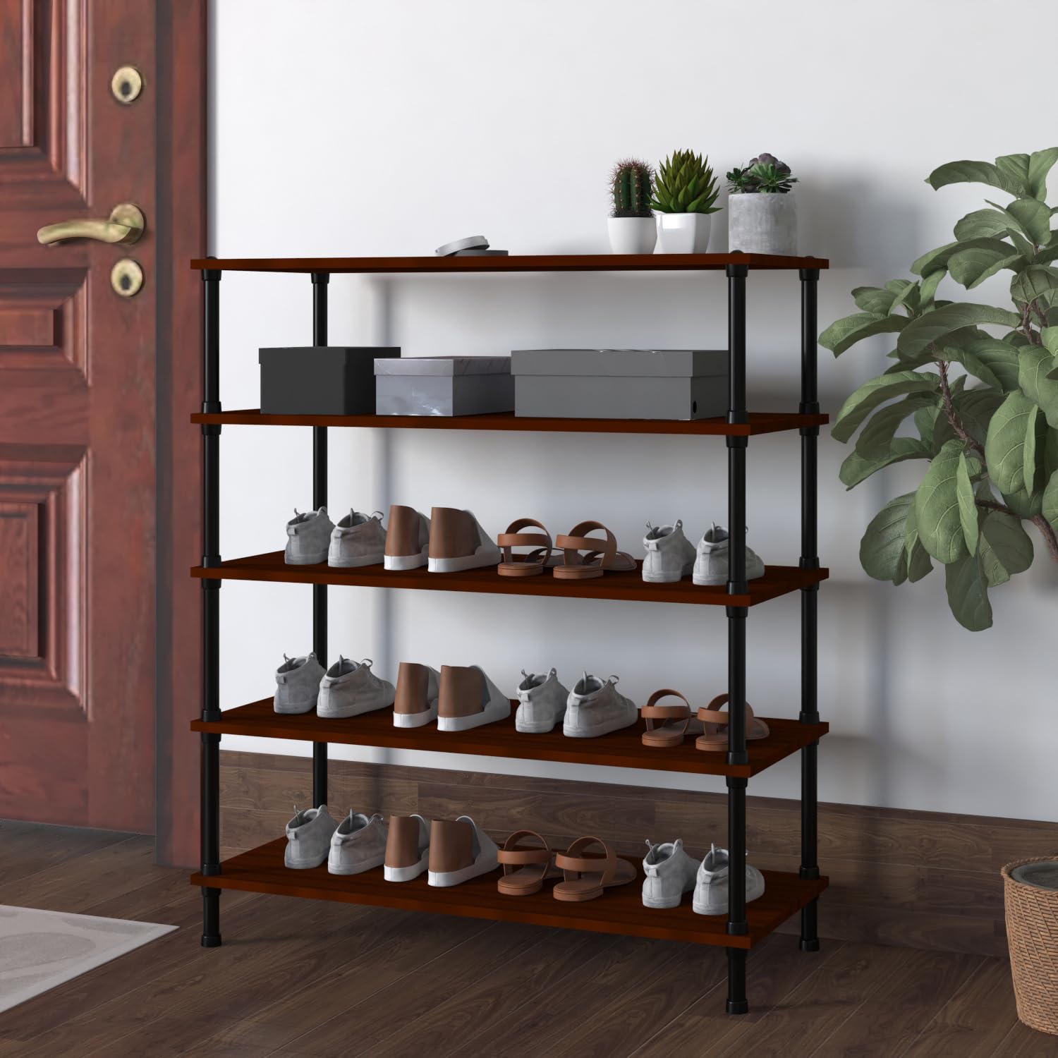 TABLE MAGIC Jazz Shoe Rack 5T Multipurpose Shoe Rack Organizer Stand for Home 5 Shelfs Wood Steel D30 x W60 x H85cm (5 Tier, Mahogany)-image-16