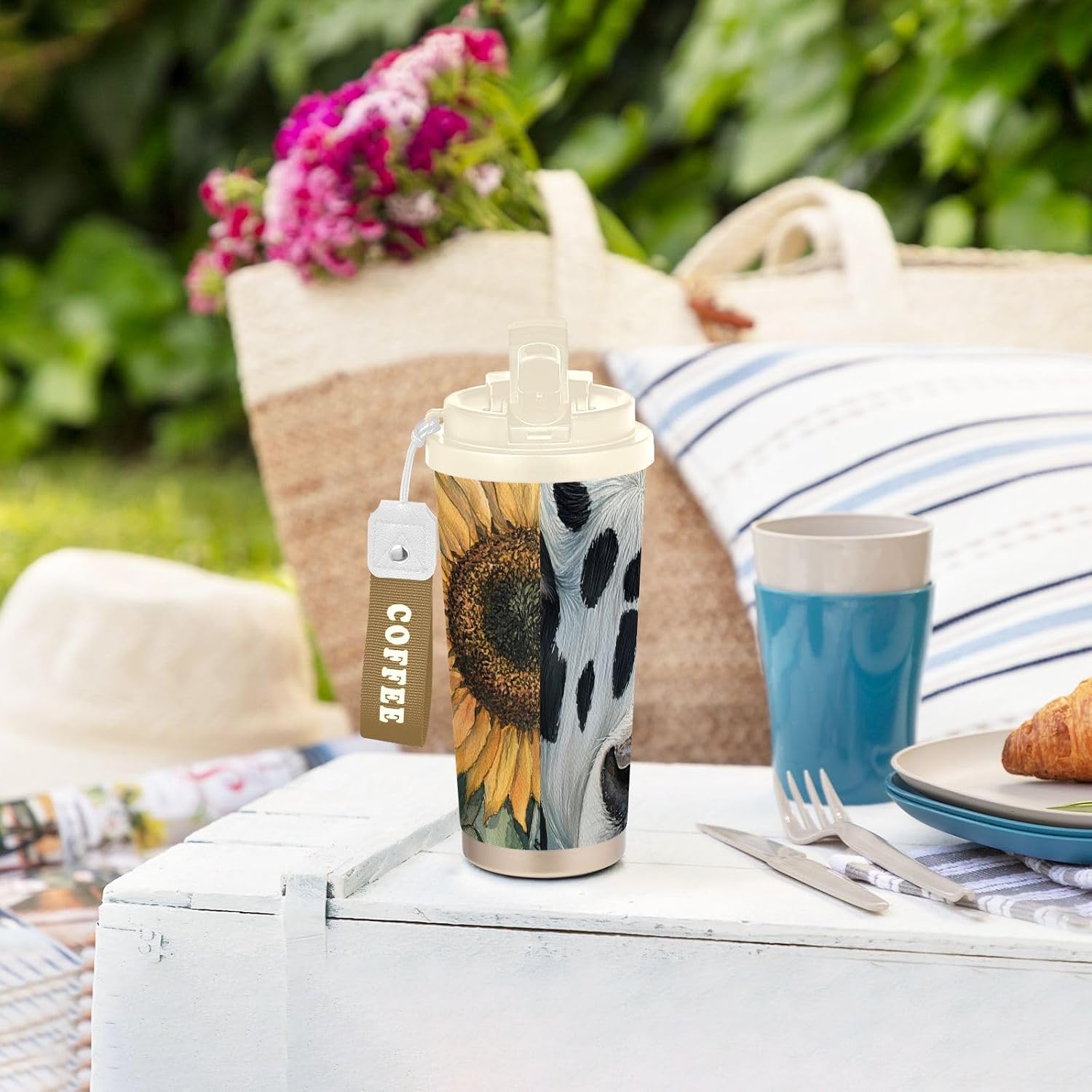 Cow Sunflower Closeup Insulated Coffee Mug with Straw & Flip Lid, 16.9oz Iced Tumbler Cup, Double Wall Vacuum Mug for Travel Office