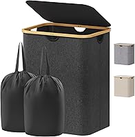 Vista 30 de Lifewit Cesta de lavandería de 80 litros con tapa, cestas de ropa para lavandería con asas de bambú y una bolsa de lavandería extraíble, cesta