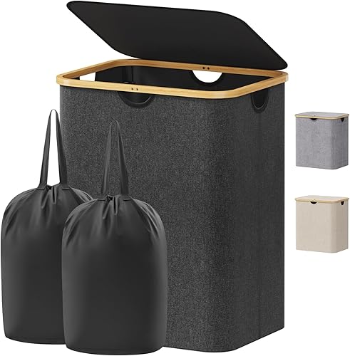 Vista 30 de Lifewit - Cesta para ropa sucia de 100L con tapa, cestas para ropa con asas de bambú y una bolsa extraíble, cesta grande plegable para ropa sucia