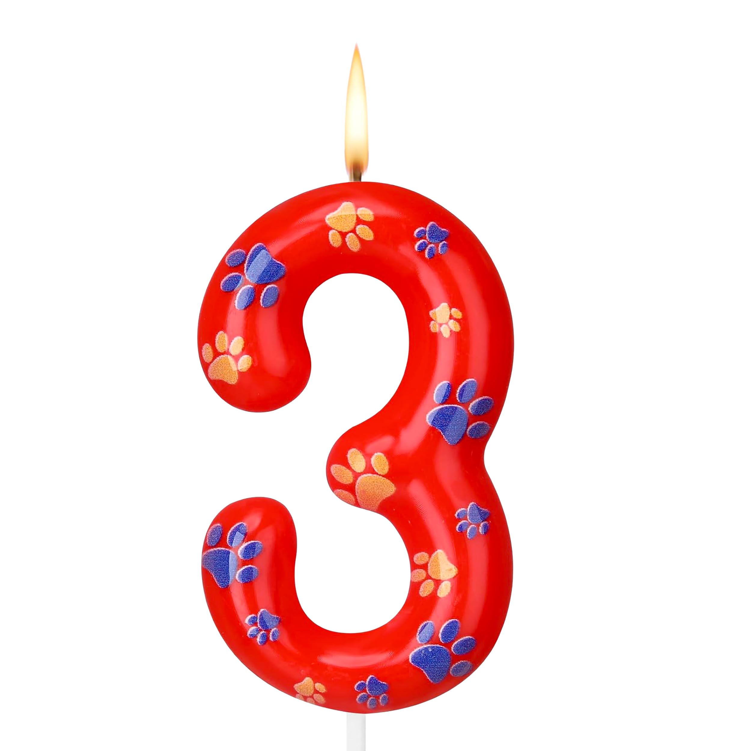 Number 3 Red Paw Birthday Candles, Numeral Cake Toppers for Boys and Girls, 3rd Dog Paw-Themed Birthday Decorations and Party Supplies