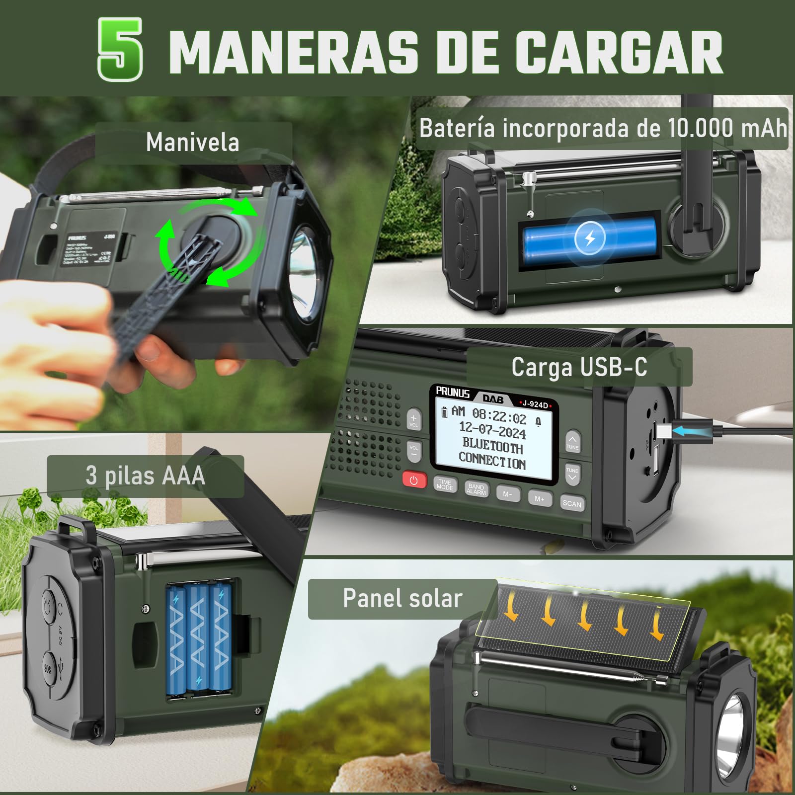 PRUNUS J-924 Dab/UKW Radio Solar y a Pilas, Radio Emergencia con Manivela | Radio Digital con Función de Preselección, Radio Portatil Pequeña Recargable con Banco de Energía de 10000 mAh, con Linterna