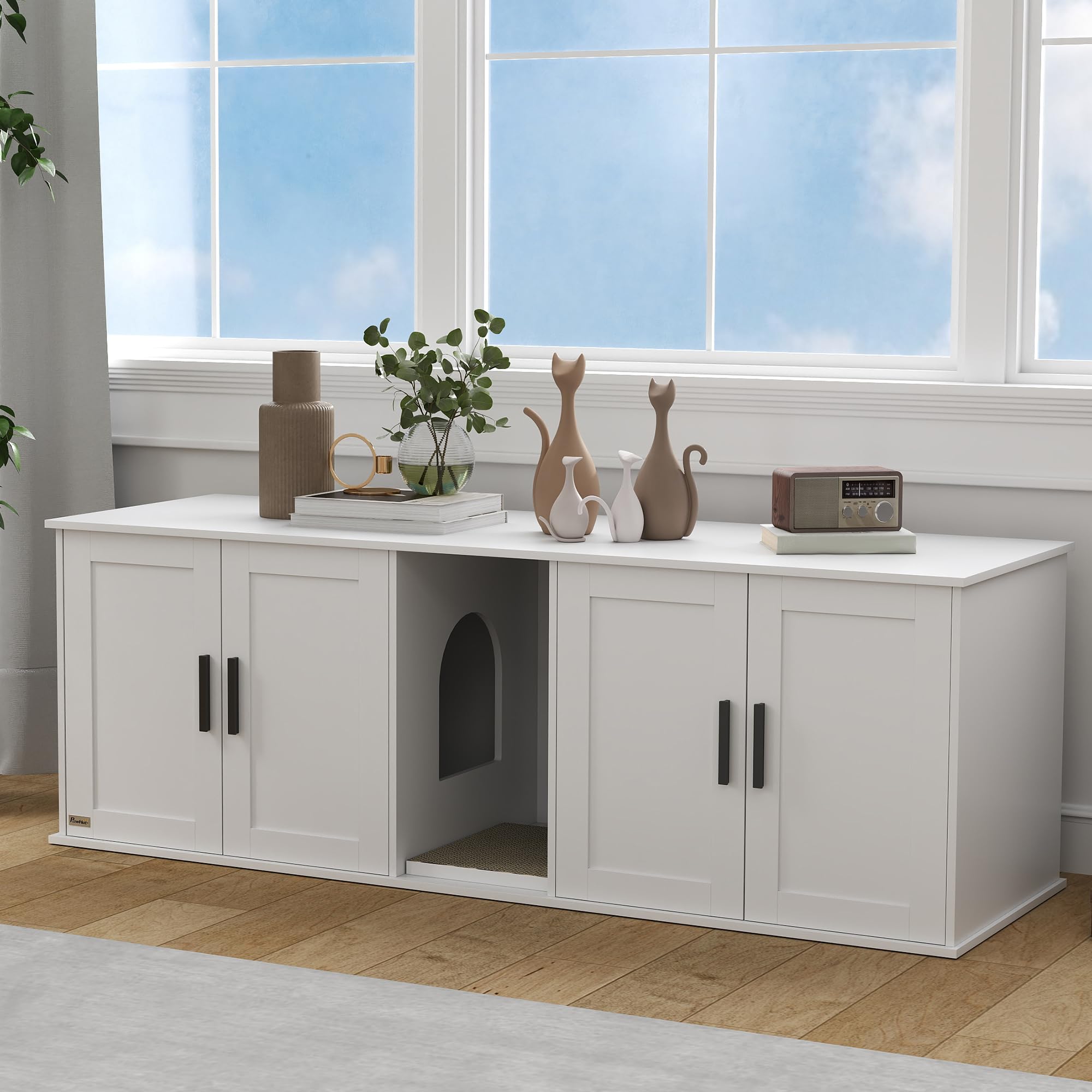 PawHut Katzenklo-Schrank 3 in 1 für Große Katzen 145 x 49 x 51 cm Weiß | Katzenschrank, Versteckter Katzentoilette, Mit Tür Trennwand Kratzmatte, Katzenhaus, Unter 10 kg