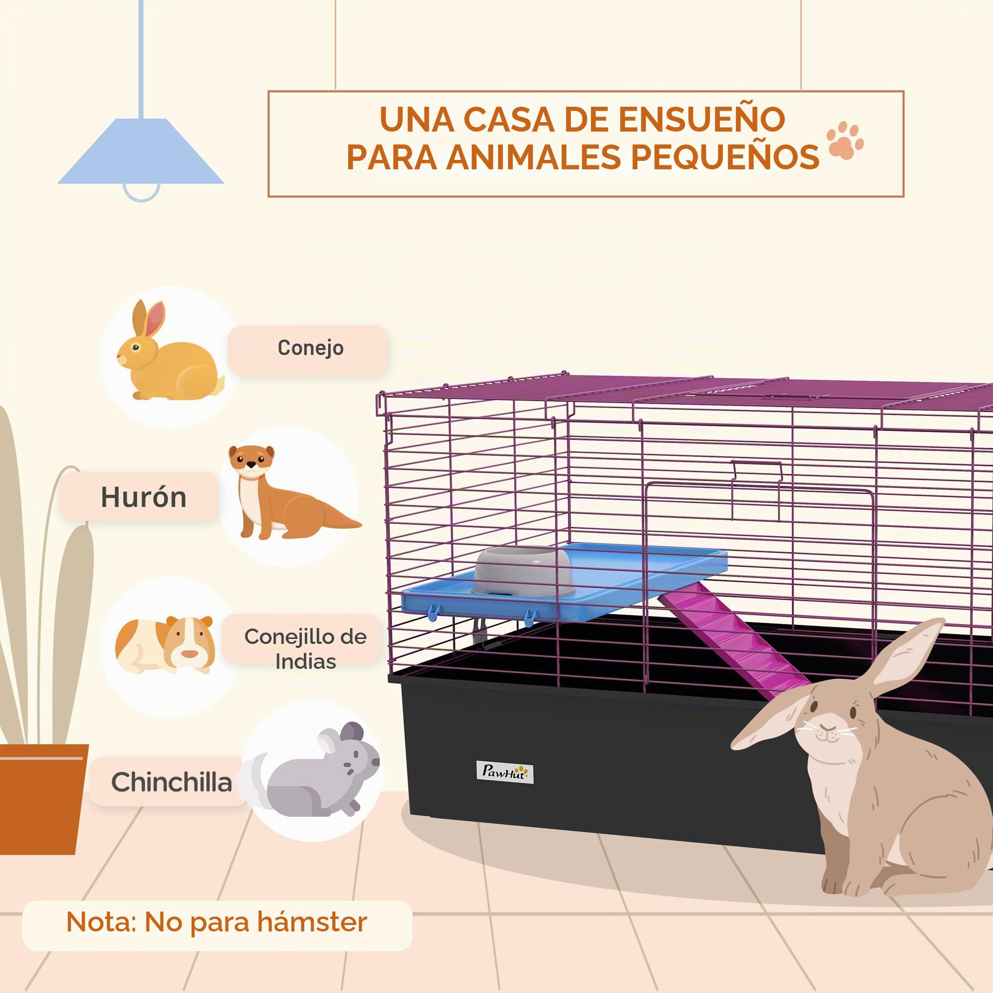 PawHut Jaula para Conejillos de Indias para Chinchillas, Jaula para Animales pequeños con rampa, Plato, Botella de Agua, 99 x 52 x 53 cm, Color Negro | Jaula para animales pequeños, plato, botella de agua