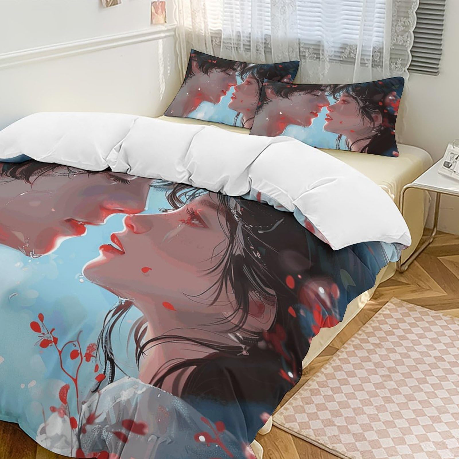 Anime Style Couple Duvet Cover Set 79"x90" - 3 Piece Bedding Set for All Season (1 Quilt Cover & 2 Pillow Shams) Soft Double Brushed Comforter Cover, Zipper Closure, No Comforter