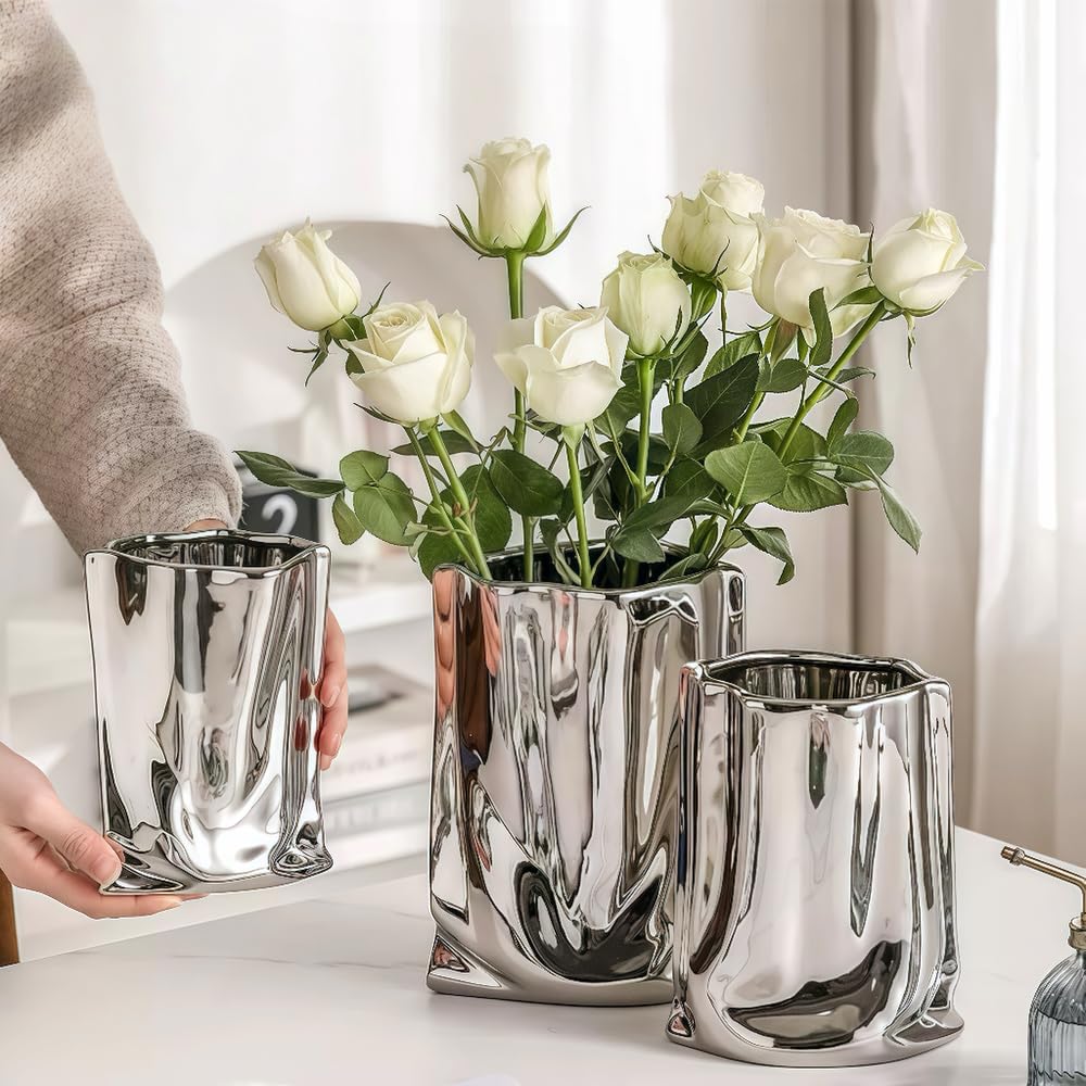 Photo 1 of Ceramic Flower Vase, Crinkle Paper Shape, Silver Metal, Decorative Home Accent (Small)