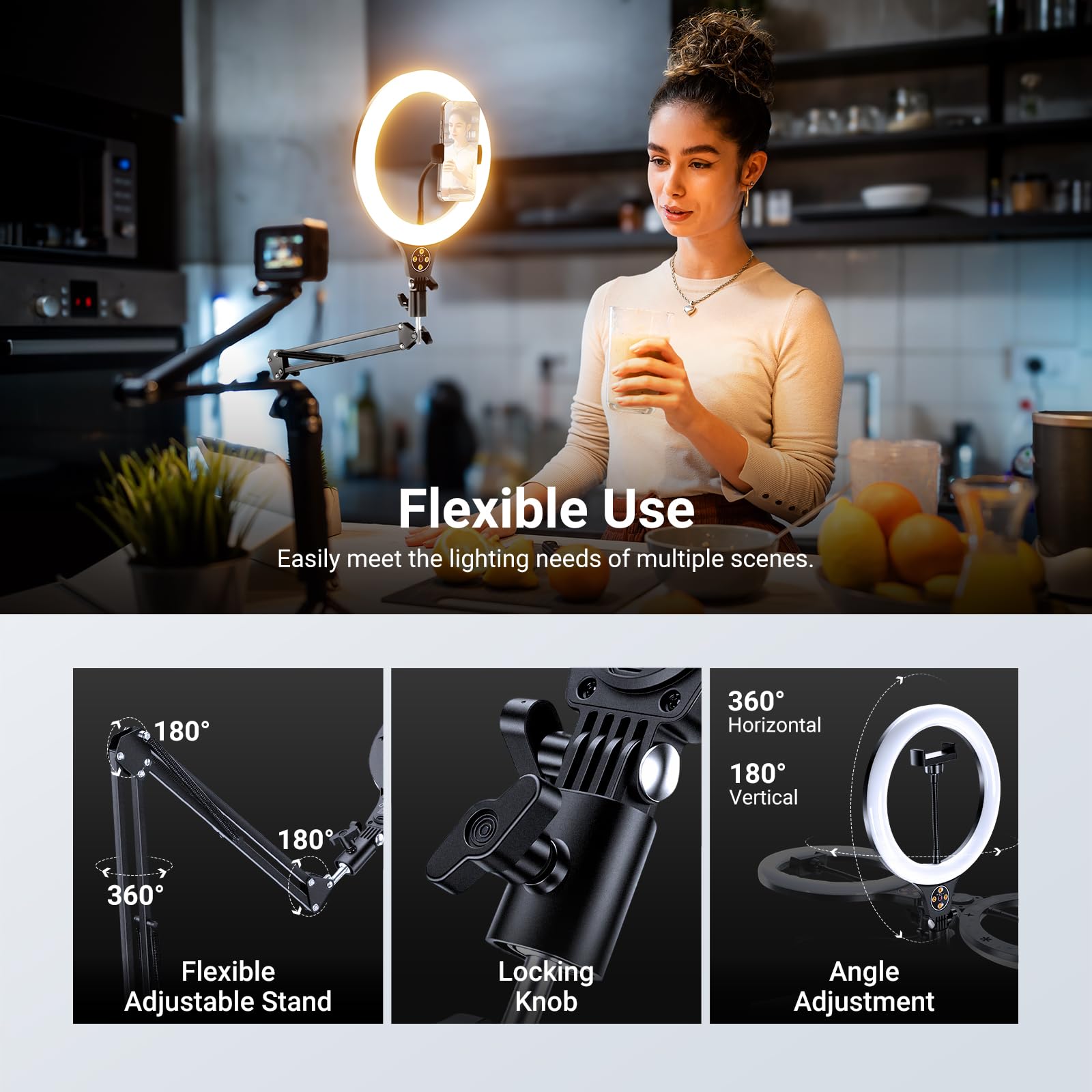 NEEWER WERSJA POZIOMU WCHODZENIA 10 cali 10 W Lampa pierścieniowa ze stojakiem 117.8 cm-160.0 cm, uchwyt na telefon kompatybilny z iPhone, dwukolorowe oświetlenie LED selfie CRI85+ do nagrywania wideo