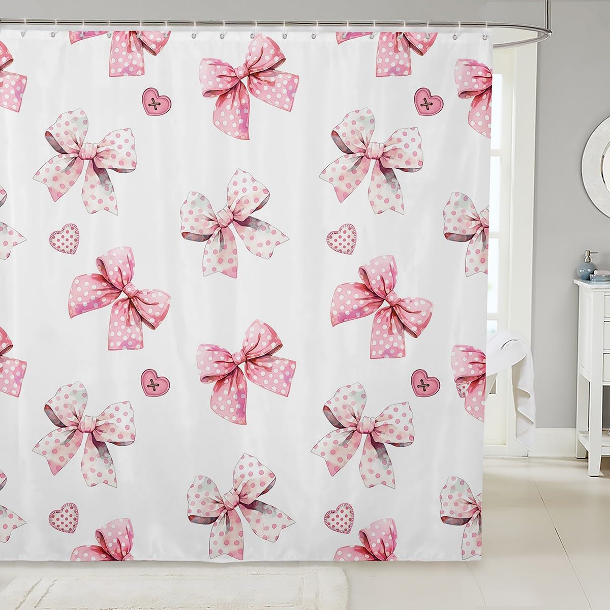 Feelyou Bow Bath Curtain Pink Girls Bow Shower Curtain for Kids Boys Girls Teens Cute Bowknot Bathroom Shower Curtain Set 72"x72" Kawaii Bow Kids