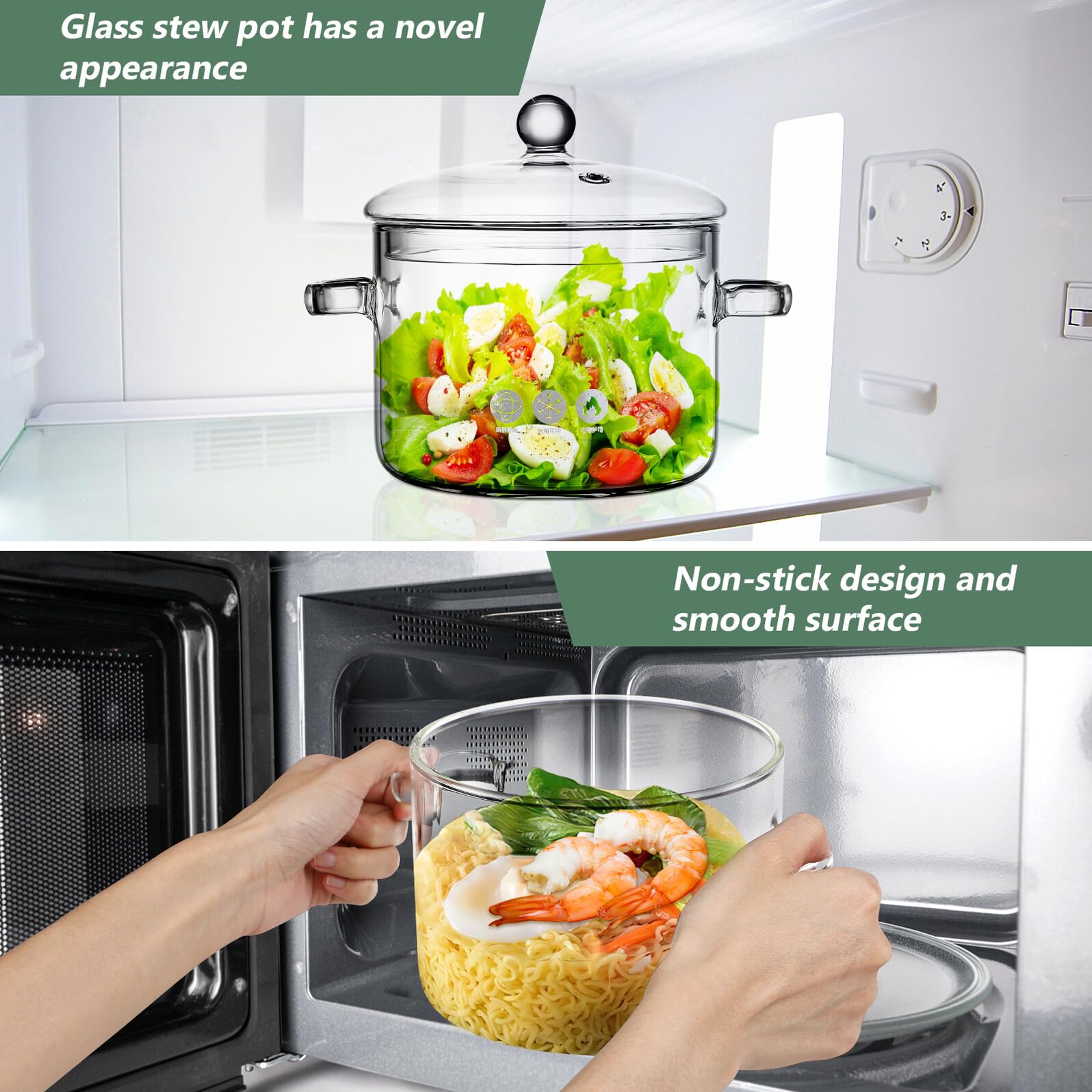 2 Stück Glas Suppentopf mit Deckel und Doppelgriffen 1900ml Hitzebeständig Glatte Oberfläche zum Kochen von Suppe und Nudeln im Alltag