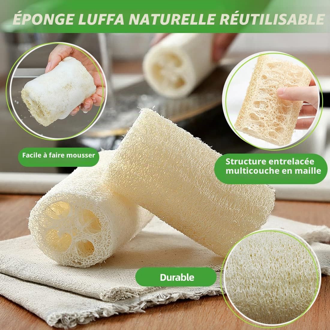 6 Éponge Luffa, Éponge de Bain Exfoliante et Éponge Vaisselle Naturelle - Éponges Lavables Réutilisables pour Bain, Douche, Cuisine et Salle de Bain