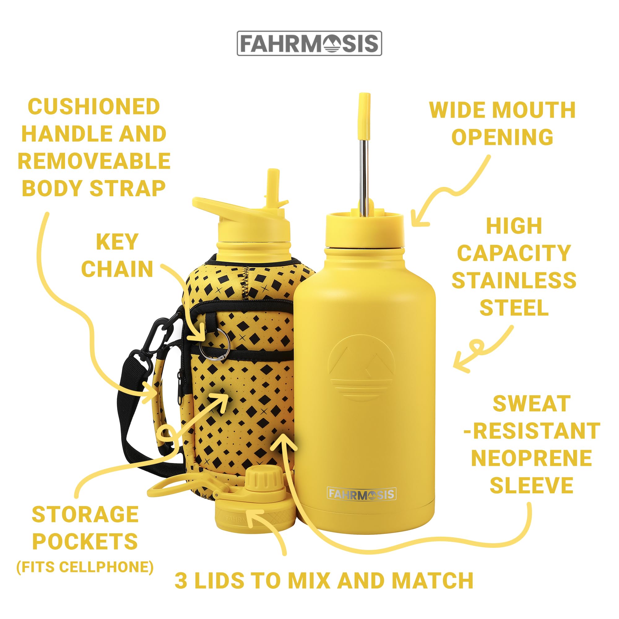FAHRMOSIS Botella de agua aislada de 64 onzas, botella de agua de acero inoxidable con popote y correa de soporte, incluye 3 tapas, botella de agua fría a prueba de fugas para hombres y mujeres,