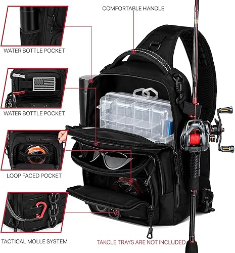 Miniatura 3 de Bolsa de pesca con soporte de caña de pescar, calcomanías fijas, sistema MOLLE, cebo suave y almacenamiento de equipos, regalo para hombres, negro