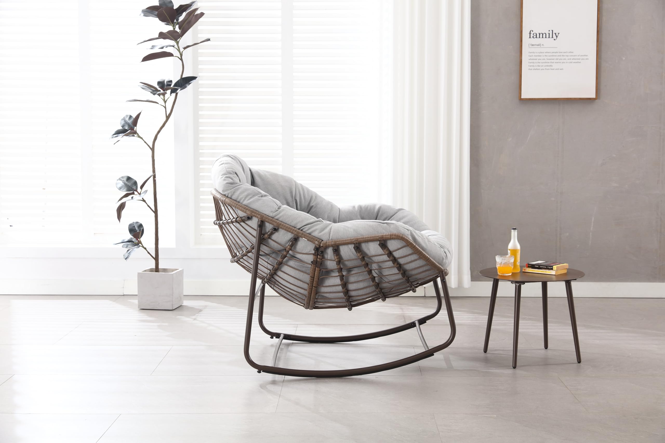MURUL Mecedora de patio de mimbre de gran tamaño y forma de huevo. Una cómoda mecedora para interior y exterior con cojín grueso. Un sillón moderno adecuado para balcón (gris)