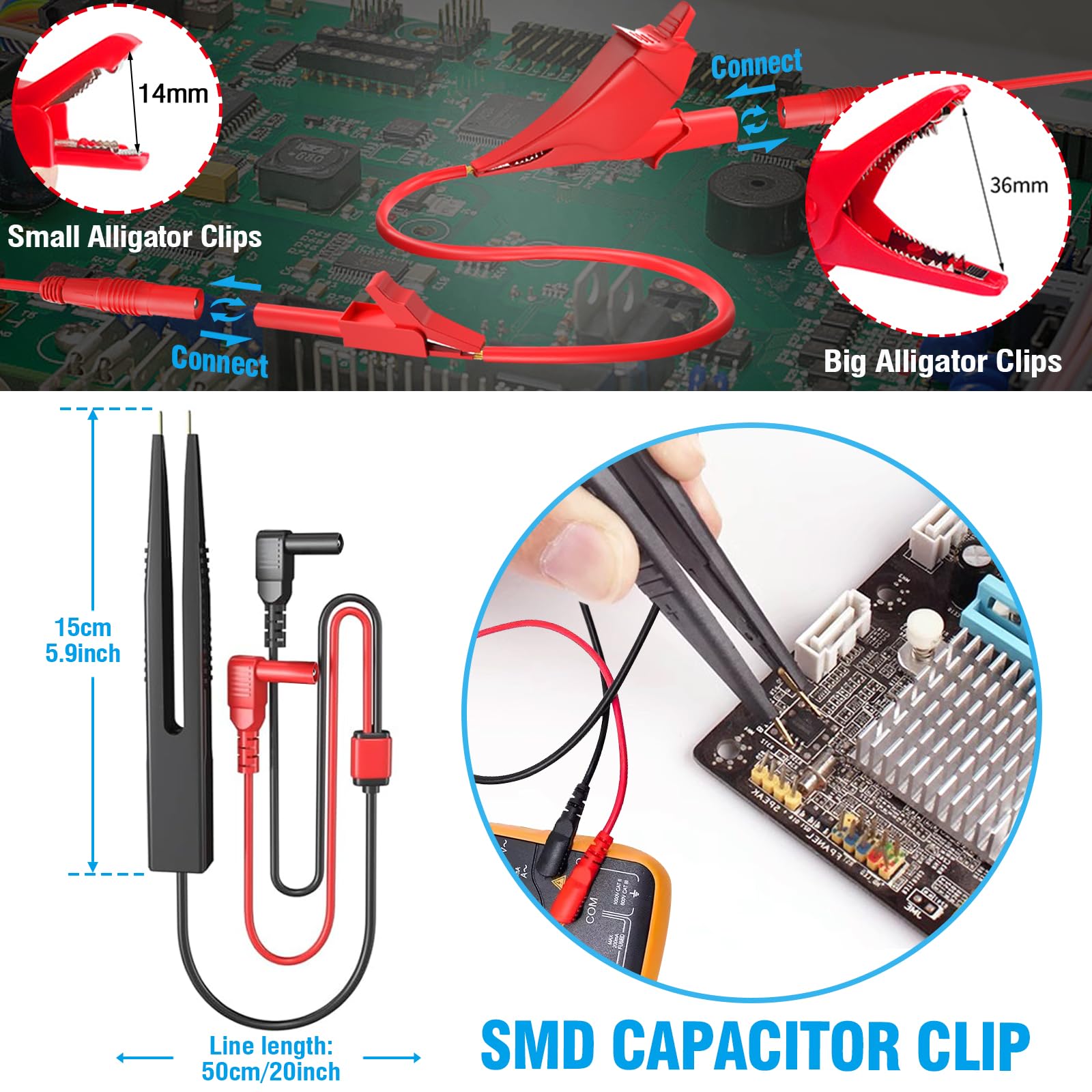 Puntali per test multimetro, set di puntali con clip coccodrillo sostituibili, sonde perforanti, clip coccodrillo, clip gancio per test, pinzette per test per multimetri elettrici digitali - 25 pezzi