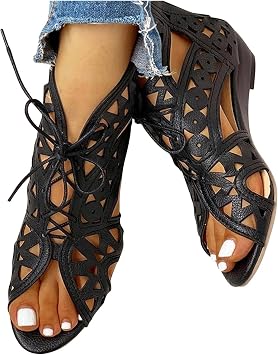 ZHOUYF Lace-Up Gladiator Sandals for Women Summer Peep Toe Beach Low Heel Wedge Sandals Zipper Hollow Strappy Roman Sandals