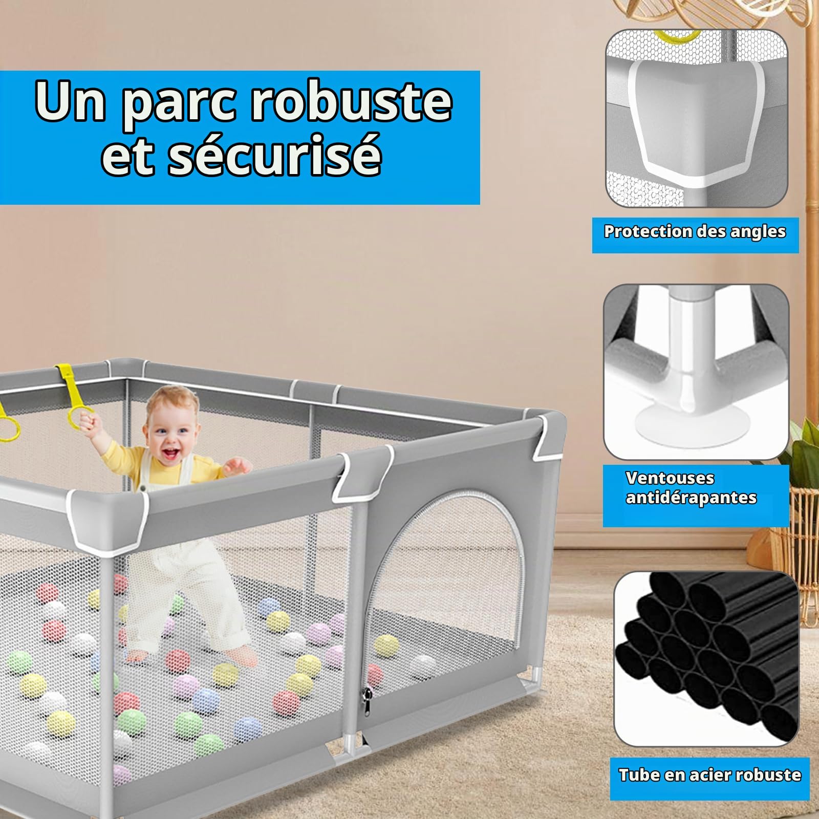 Parc Bebe, 125cm Parc Bébé Pliable avec Maille Douce Respirante, Parc Enfant avec Base Antidérapante et Porte Zippée, Espace d'activités pour Enfants Intérieure et Extérieure, de 0 à 6 Ans