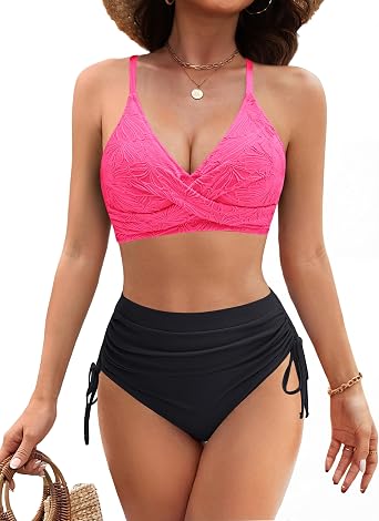 BMJL High Waisted Bikini Sets for Women Bathing Suits Tummy Control Plush Embroidery Two Piece Sets Push Up Swim Suits