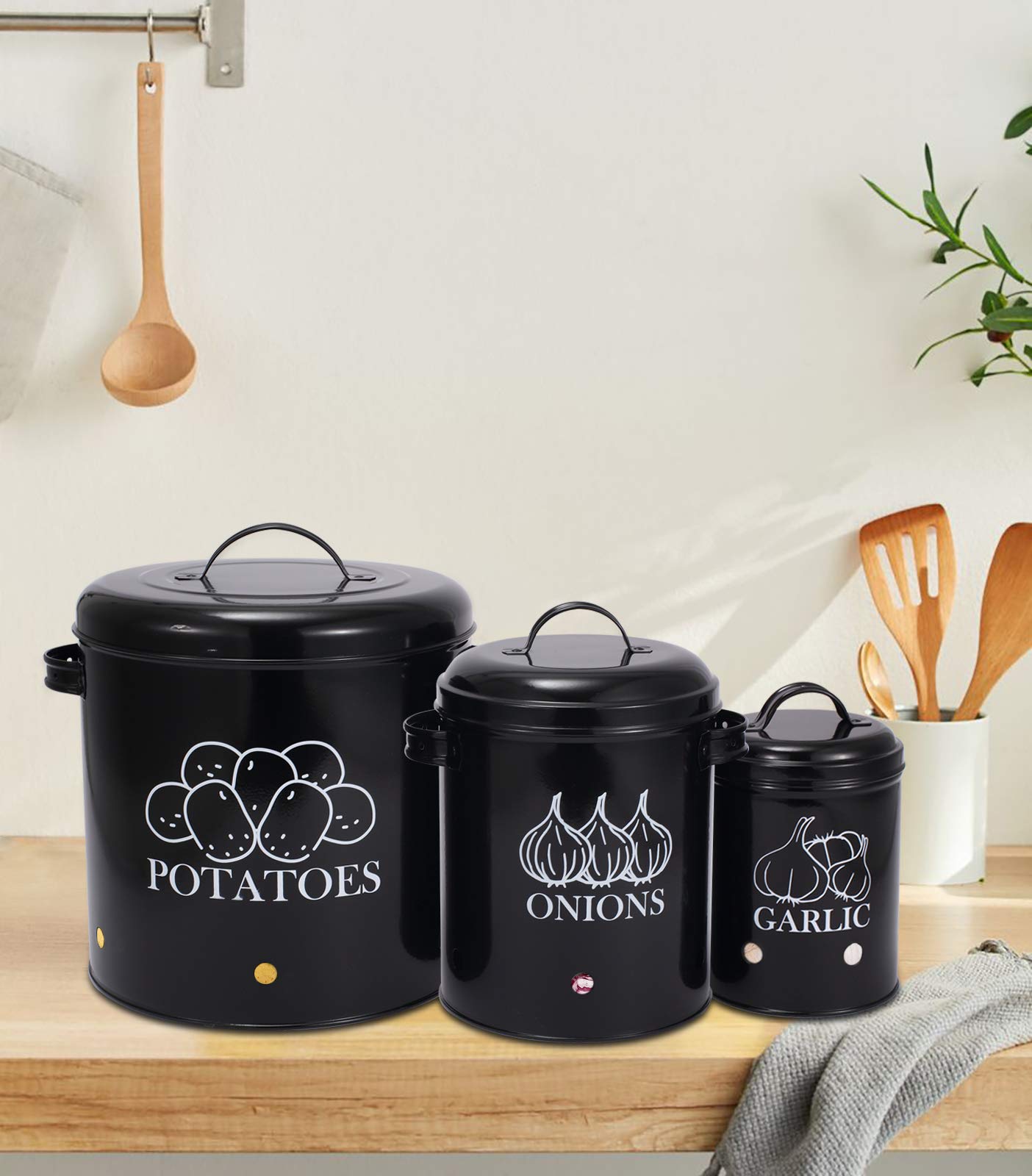 Vintage Kartoffelbox, 3-teiliges Set mit 23 cm x 23 cm, 19 cm x 16 cm und 14 cm x 11 cm, rund, Metall, Zwiebel & Knoblauch Aufbewahrungsbox, mit Entlüftung und Flip-Top-Deckel
