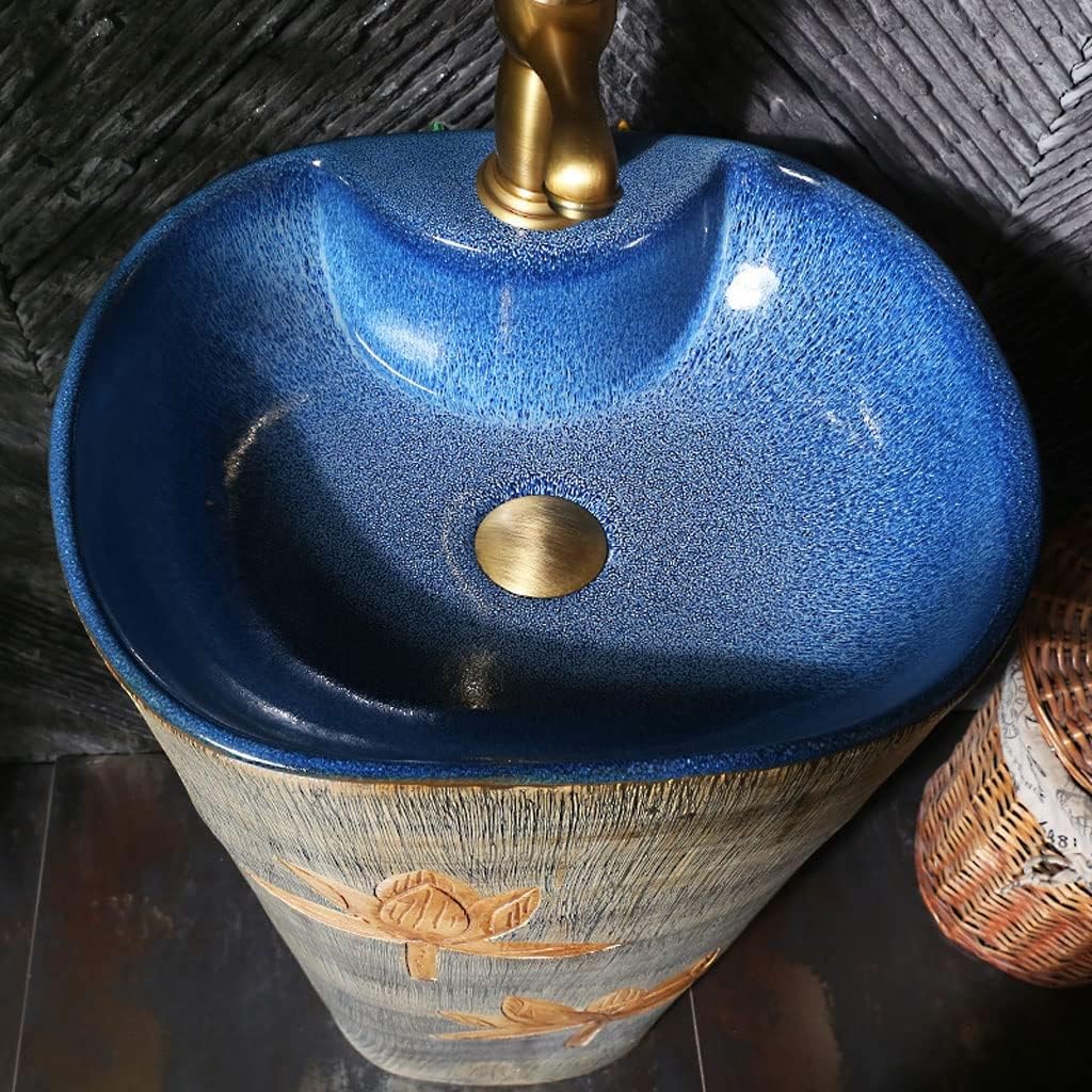 Freestanding Ceramic Vessel Sink with Faucet Elegant Carved Lotus Design for Bathroom Countertop, Stylish Pedestal Sink Vanity, Modern Home Decor