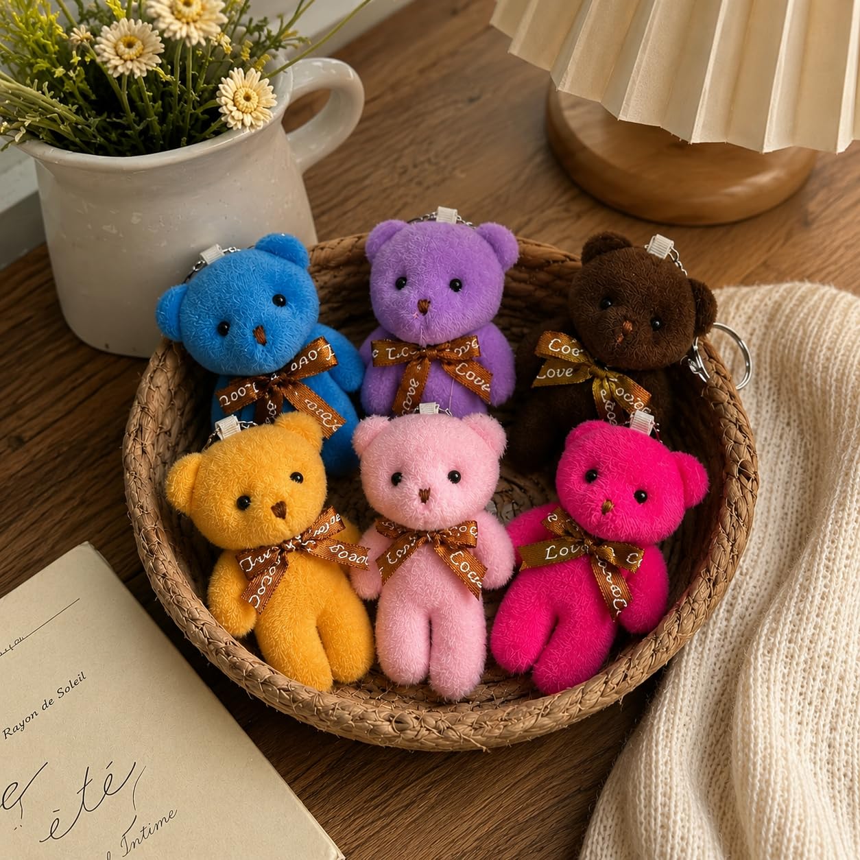 Eleonora Cute Teddy Bear Keychain Set of 6 Soft Plush Bear Key Ring with Love Bow for Boys and Girls, Mini Stuffed Toy Charm for car, Bag, Keys, Gifts Backpack Random Colours-image-46