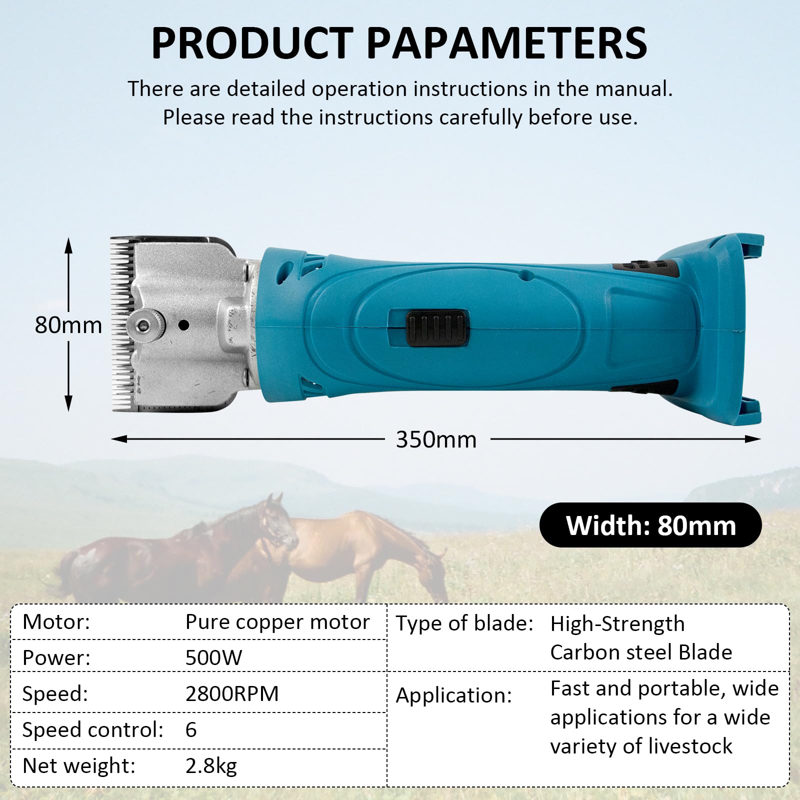 Tondeuse pour Chevaux, tondeuse professionnelle Compatible avec Makita Batteries, 6 vitesses, 35 dents, tondeuse sans fil pour chevaux, Adaptée à tous les types de pelage pour cheveux épais et emmêlés