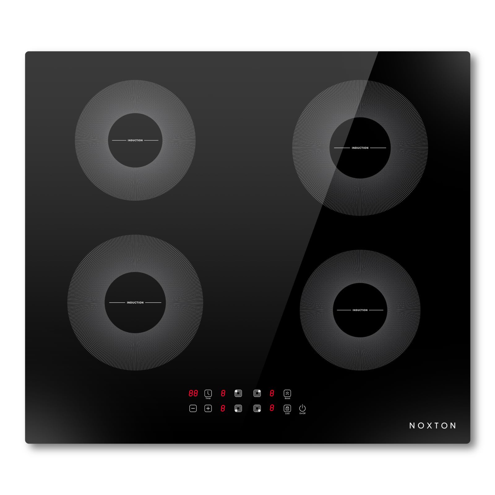 NOXTON Placa de inducción 4 fuegos, 60 cm, Función de boost, Control táctil, Bloqueo de seguridad para niños, 9 niveles de potencia, Apagado automático, 220 V ~ 240 V, 7200 W, Sin enchufe.