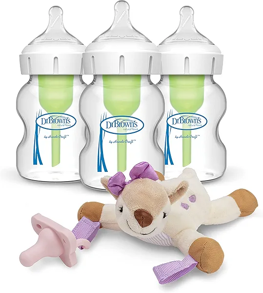 Dr. Brown’s Natural Flow® Anti-Colic Options+™ Wide-Neck Glass Baby Bottles 5 oz/150 mL, with Level 1 Slow Flow Nipple, 3 Pack & Deer Lovey with HappyPaci Pacifier, 0m+