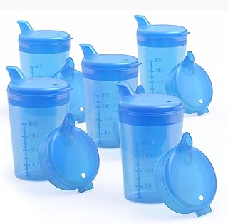 Horn Medical Pack de 5 ayudas para beber para adultos, 250 ml, vasos con pico Plus 5 tapas para líquidos y 5 tapas para papillas/mostaza, color a elegir (azul)