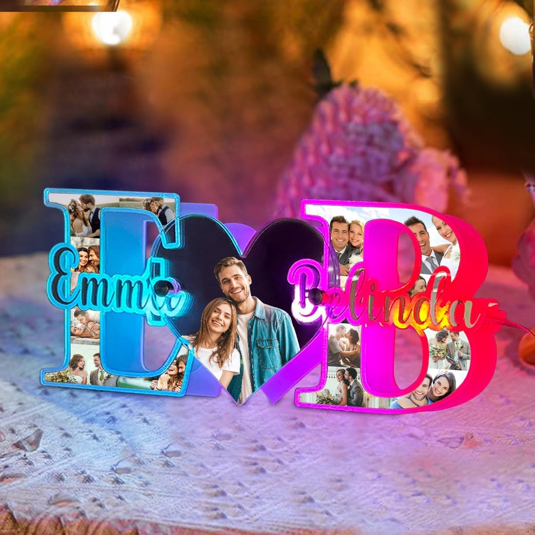 Personalized Couple 1-20 Photos Collage Alphabet Mirror Lamp Custom Name Letter Mirror Neon Sign Wall Art Decorion Gift for Valentine's Day Anniversary Birthday Wedding Wife (Style 1)