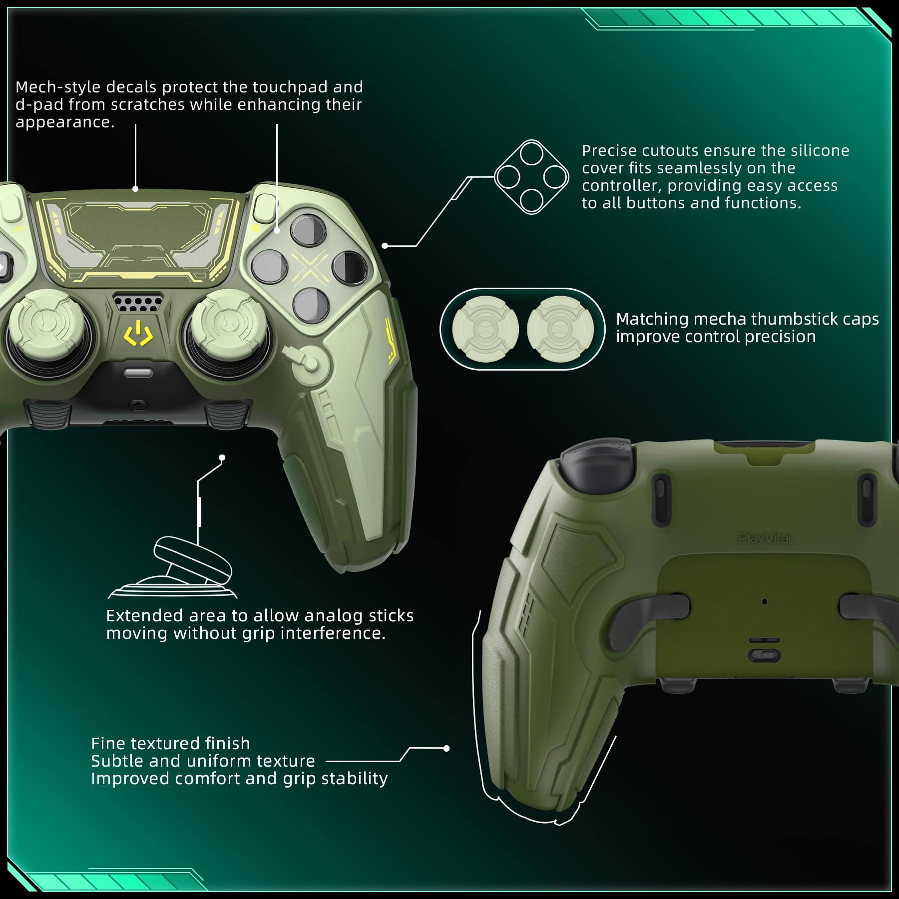 PlayVital Silikonowe Etui do ps5 Edge Kontroler,Osłona Ochronna Do ps5 Edge z Nakładkami na Joysticki i Naklejkami,Antywstrząsowy Pokrowiec – Zielony Wojskowy & Szałwiowy