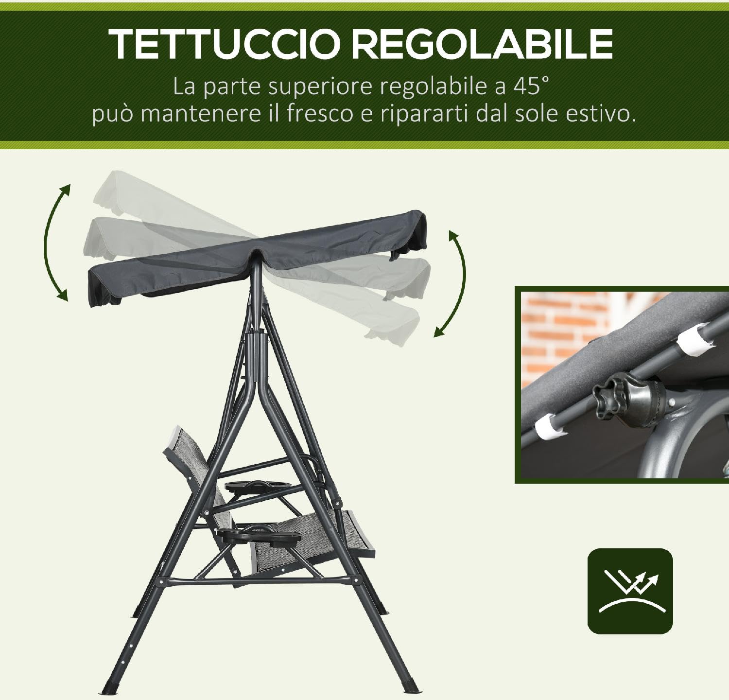 Dondolo da Giardino 3 Posti con Tettuccio Parasole e Portabicchieri in Acciaio/Poliestere/Rattan PE Dimensioni 204x112x150 cm Colore Grigio Scuro/Marrone