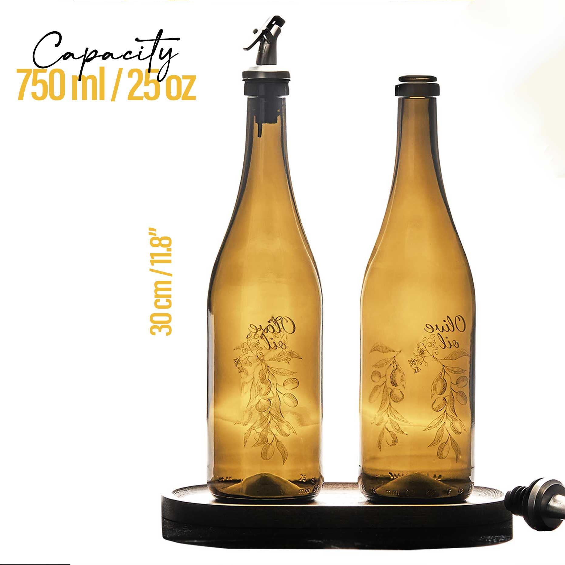 Bouteille Distributeur D'huile D'olive En Verre - Avec Bec Verseur Et Bouchon En Bois, Graduation, Pour Huile Et Vinaigre - 10
