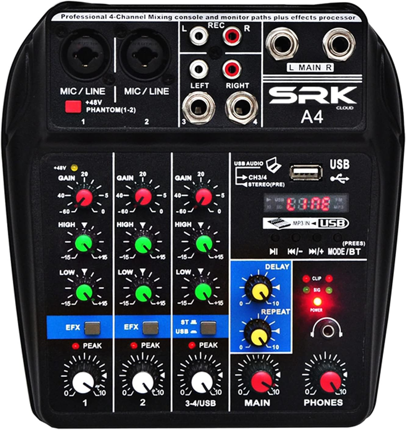 SRK CLOUD A4 Sound Mixing Console Bluetooth USB Record Computer Playback 48V Phantom Power Delay Repeat Effects 4 Channels USB Audio Mixer for singing, karaoke, YouTube