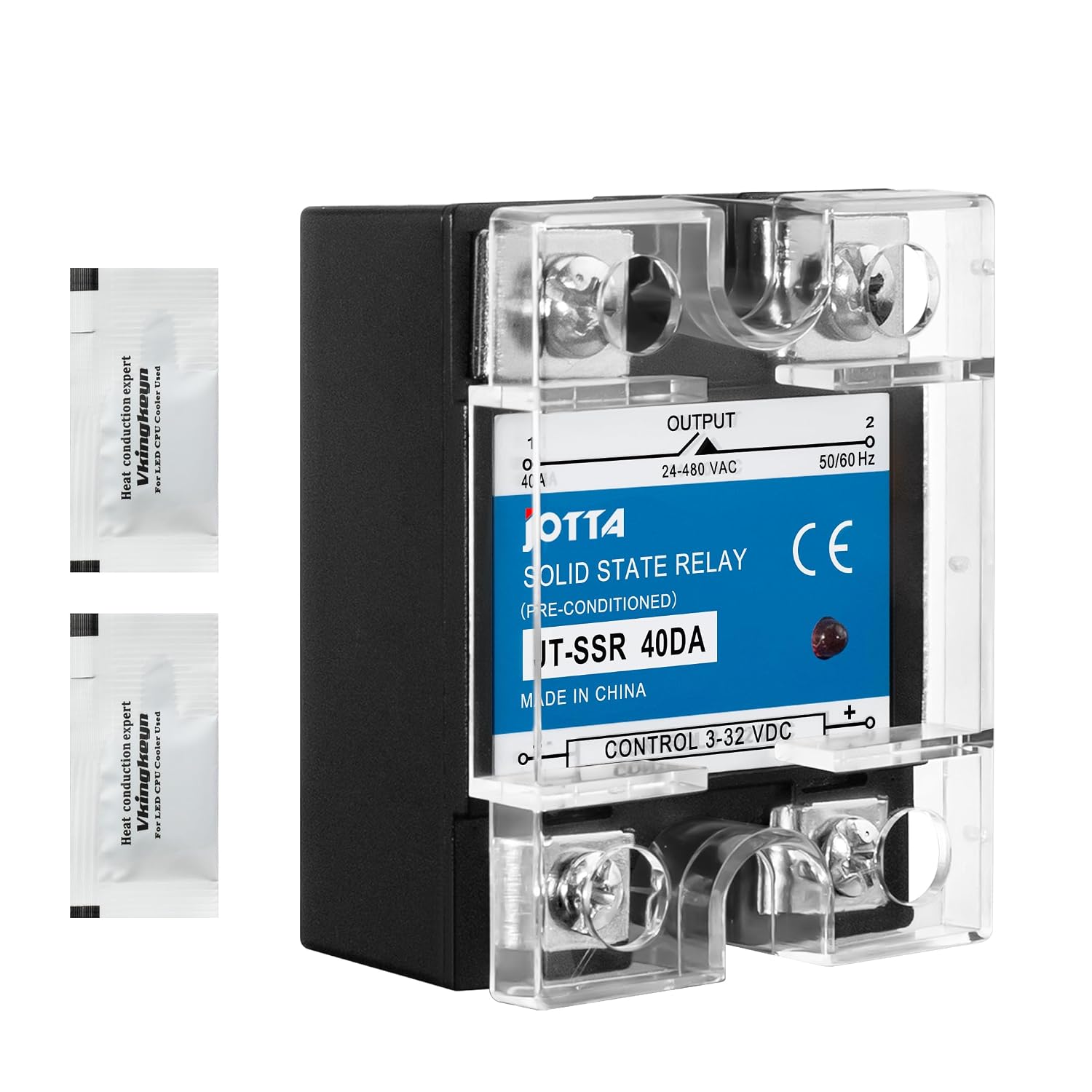 JOTTA Solid State Relay Zero Crossing Single Phase SSR-40DA Black Shell Input 3-32VDC Output 24-480VAC Current 40A SSR with Plastic Cover