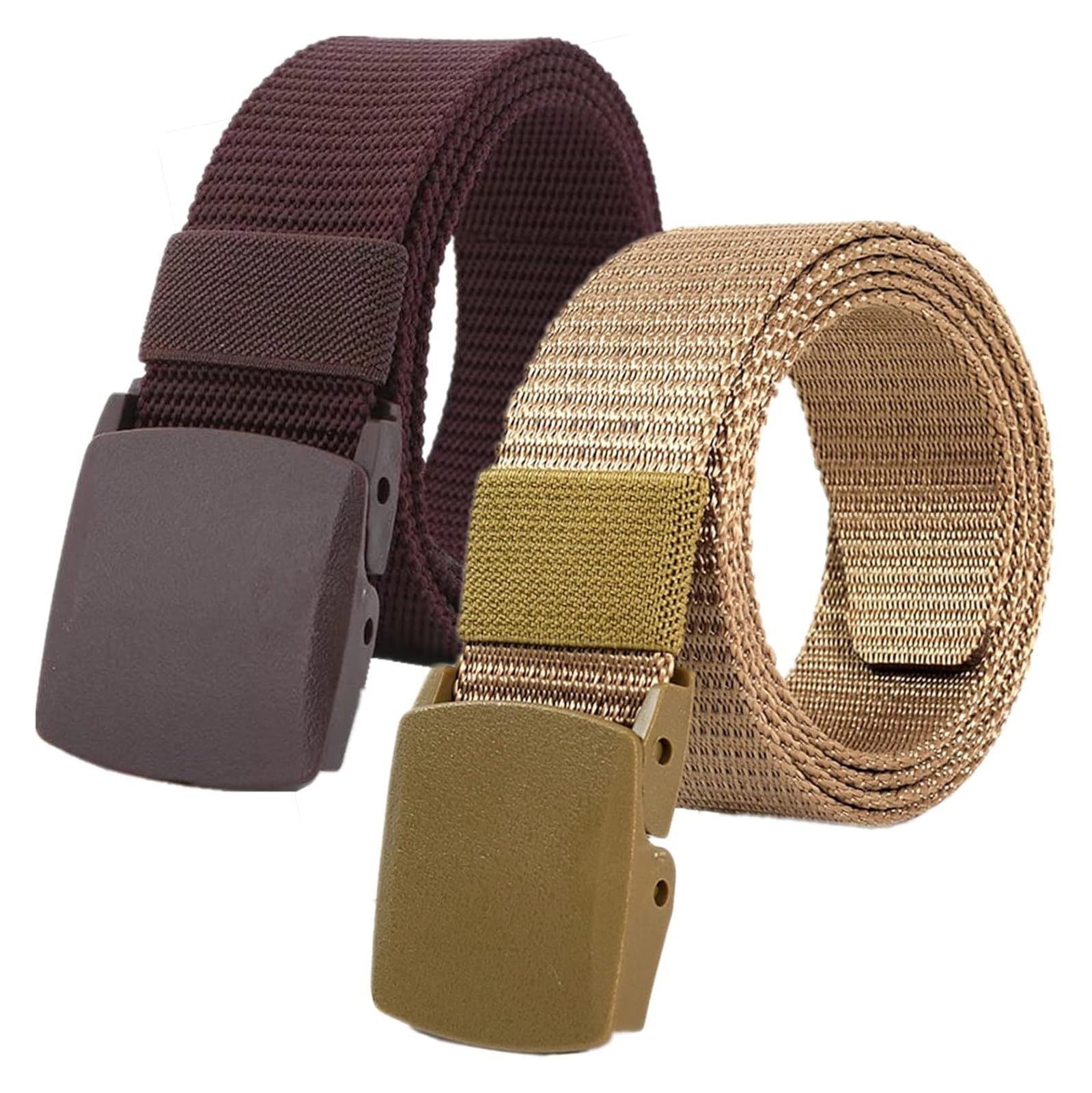 Cinturones de trabajo para hombre, Cinturones for hombres y mujeres, cinturón táctico de nailon ligero, tamaño de hasta 67 pulgadas con hebilla de plástico militar, 2 piezas(Brown/Khaki,130CM/51")