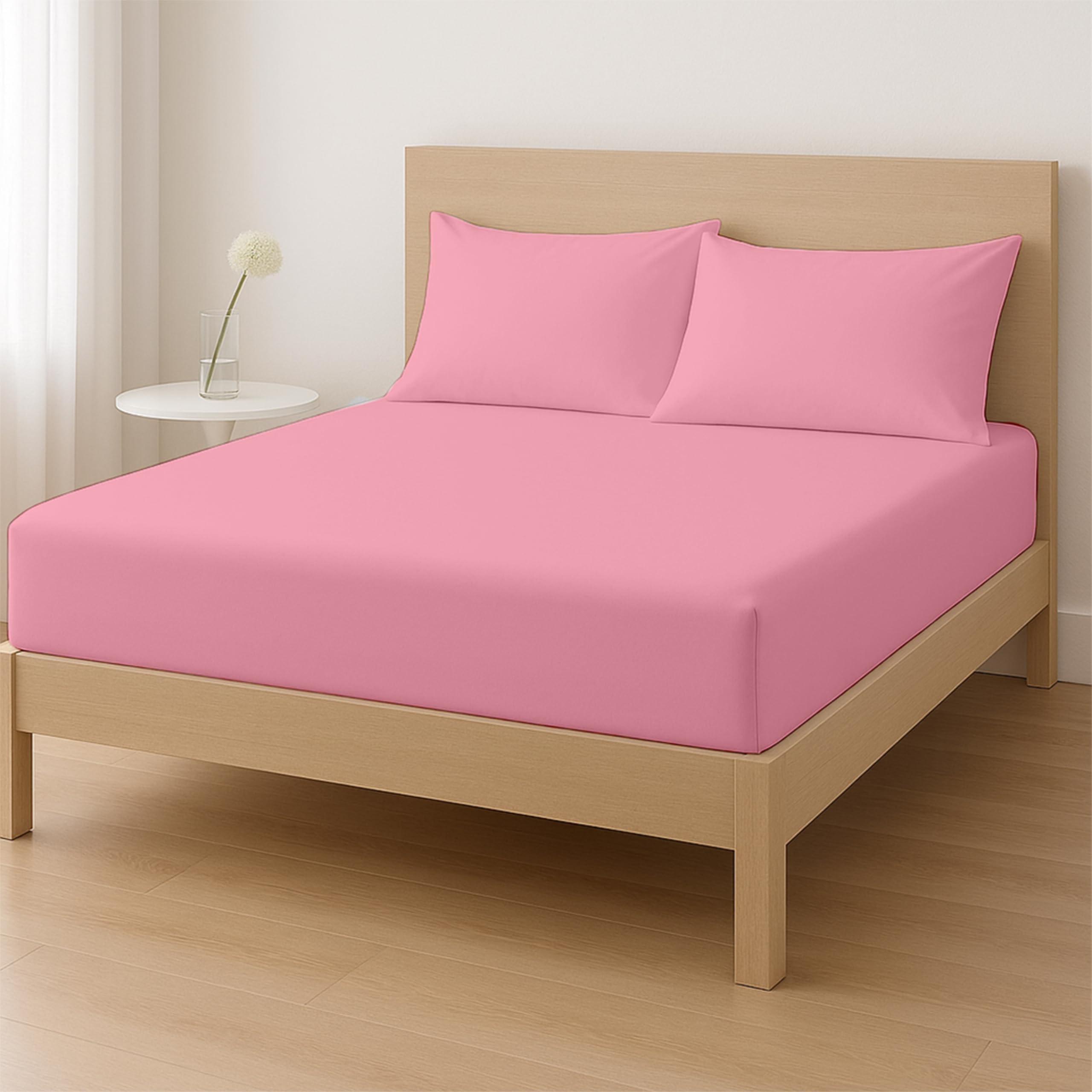 Rohi Double Fitted Sheet Set – 25cm Deep with Elasticated Corners – Soft & Breathable Cotton Blend Fitted Sheet with Pillowcases – Shrink & Fade Resistant – Bed Sheet Set (Pink, Double) — image 1