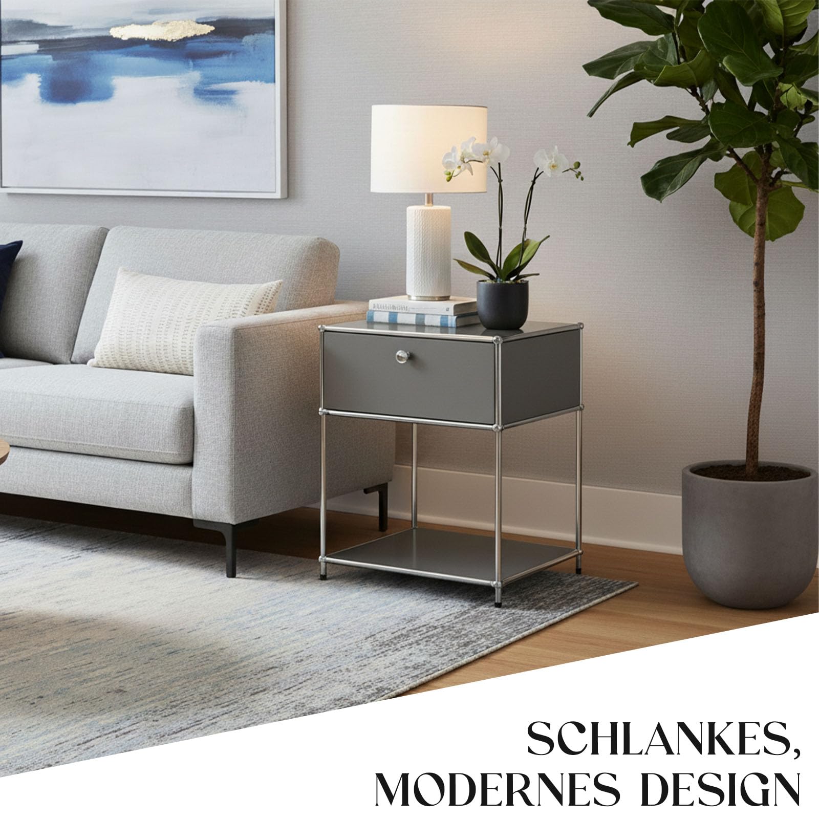 Floordirekt Estantería, estantería de metal, mesa auxiliar - Gris, cromo, 63Hx50Ax40P cm - Sistema modular de enchufes en diseño moderno, estantería de metal para sala de estar, oficina, pasillo