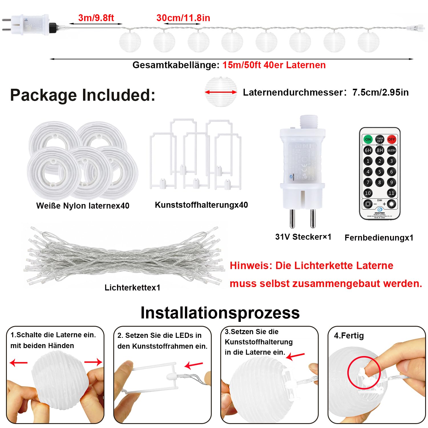StarryEver Guirlande lumineuse LED - 12 m - Blanc chaud et multicolore - 11 modes - Avec télécommande - 40 lanternes chinoises - Éclairage extérieur - Pour patio et jardin