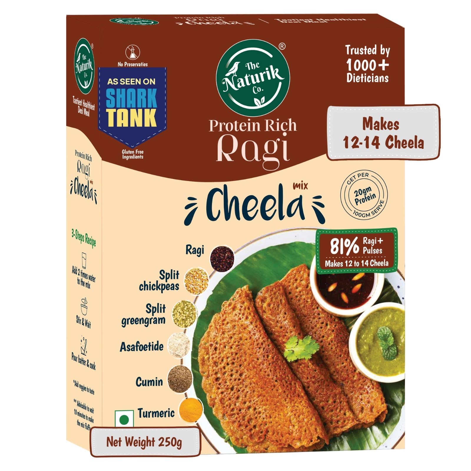 The Naturik Co. Ragi Chilla Mix 250g | Ready to Cook Cheela mix | 81% Ragi & Pulses | High Protein | Healthy Breakfast | As Seen On Shark Tank |