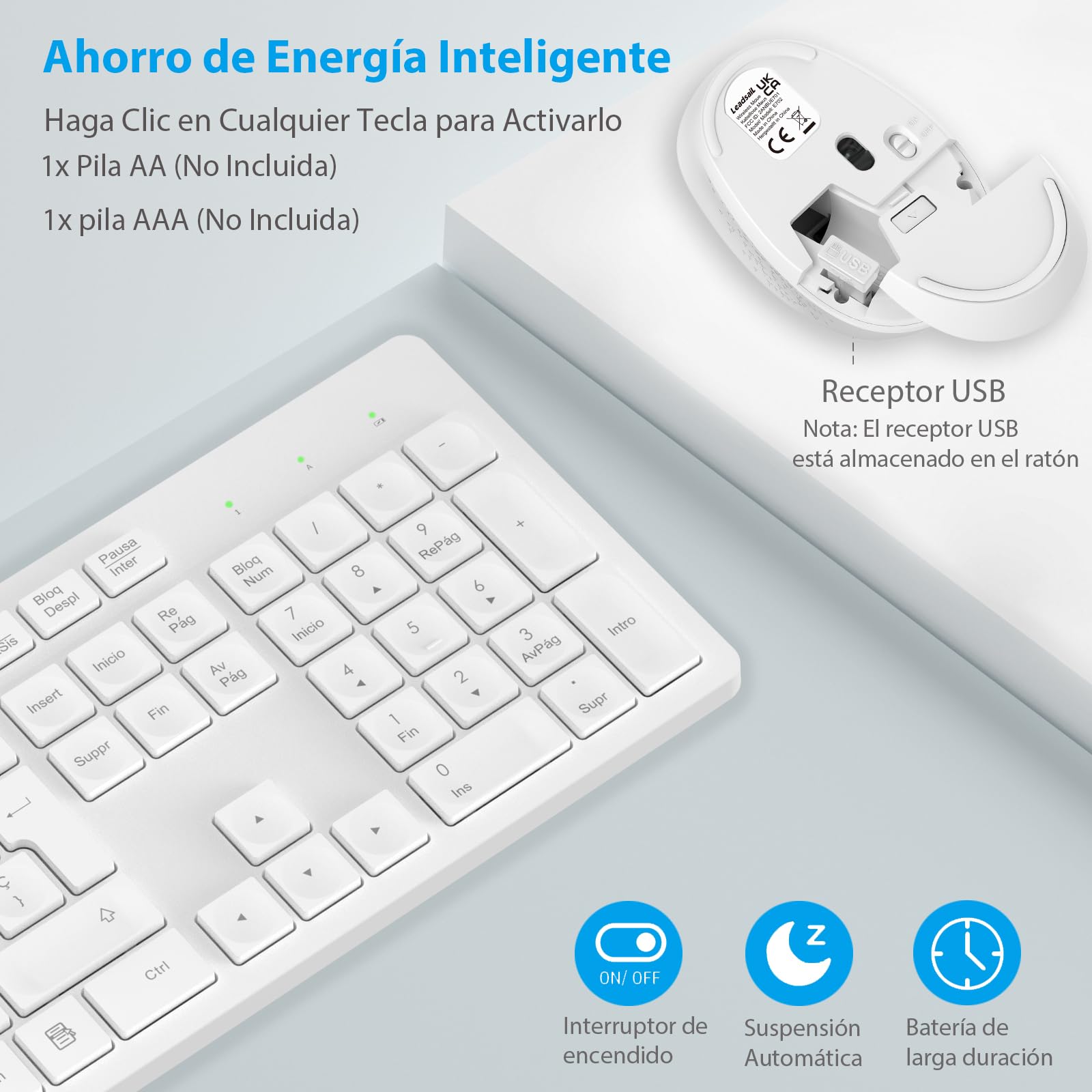 LeadsaiL Teclado y Raton Inalámbrico, Teclado y Raton Inalambrico Ergonómico, Español QWERTY, Tamaño Completo con Teclado Numérico, Receptor USB 2.4 GHz for Mac, PC, Ordenador Portátil-Blanco